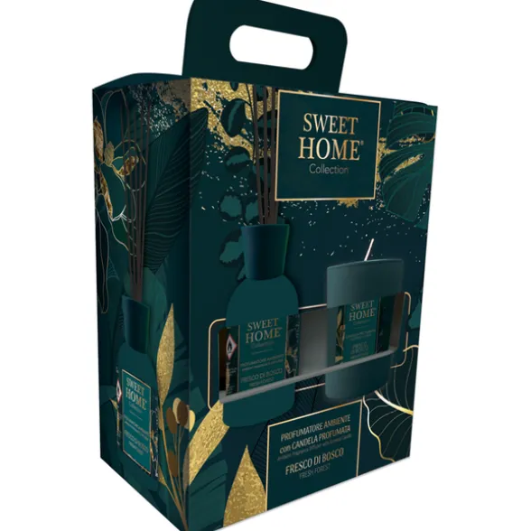 SWEET HOME CONFEZIONE PROFUMATORE AMBIENTE A BASTONCINI 100 ML + CANDELA 110 GRAMMI FRESCO DI BOSCO
