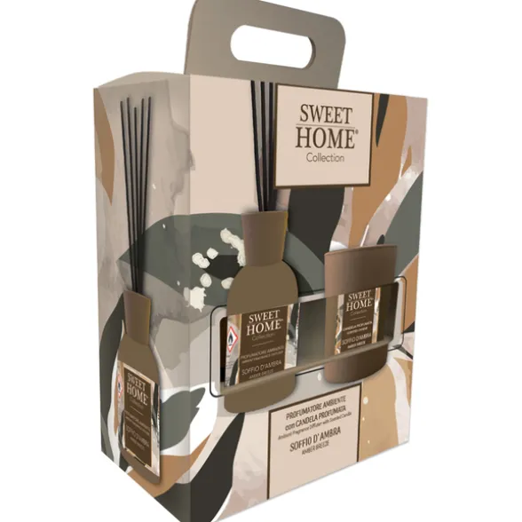 SWEET HOME CONFEZIONE PROFUMATORE AMBIENTE A BASTONCINI 100 ML + CANDELA 110 GRAMMI SOFFIO D'AMBRA