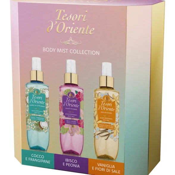TESORI D'ORINTE COFANETTO TRIO BODY MIST 200 ML (ACQUA PROFUMATA VANIGLIA e FIOR DI SALE, ACQUA PROFUMATA COCCO e FRANGIPANE, ACQUA PROFUMATA IBISCO e PEONIA)