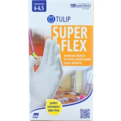 TULIP SUPERFLEX GUANTI IN VINILE ELASTICIZZATO BIANCO MONOUSO SENZA POLVERE 100 PZ MISURA 6-6,5