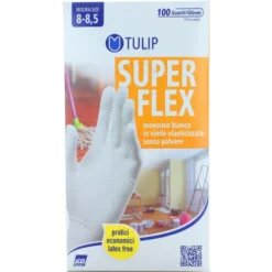TULIP SUPERFLEX GUANTI IN VINILE BIANCO ELASTICIZZATO MONOUSO SENZA POLVERE 100 PEZZI MISURA 8-8,5