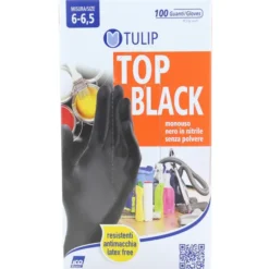 TULIP TOP BLACK GUANTI IN NITRILE SENZA POLVERE MONOUSO 100 PZ MISURA 6-6,5