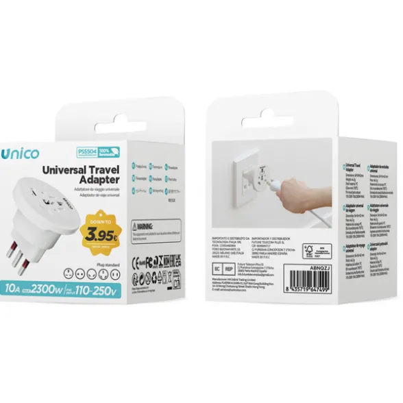 UNICO ADATTATORE DA VIAGGIO UNIVERSALE 10A BIANCO