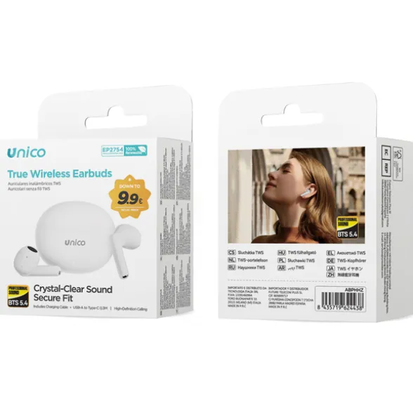 UNICO AURICOLARI BLUETOOTH TWS SEMI-IN-EAR STELO LUNGO 300 MAH (CON CAVO A-C 0,3 M) BIANCO LUCIDO