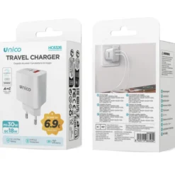 UNICO CARICATORE DA VIAGGIO DOPPIA PORTA USB C+A PD30W+QC18W BIANCO
