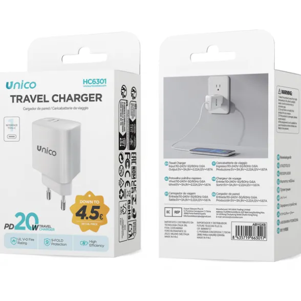 UNICO CARICATORE DA VIAGGIO PORTA SINGOLA USB-C PD20W BIANCO