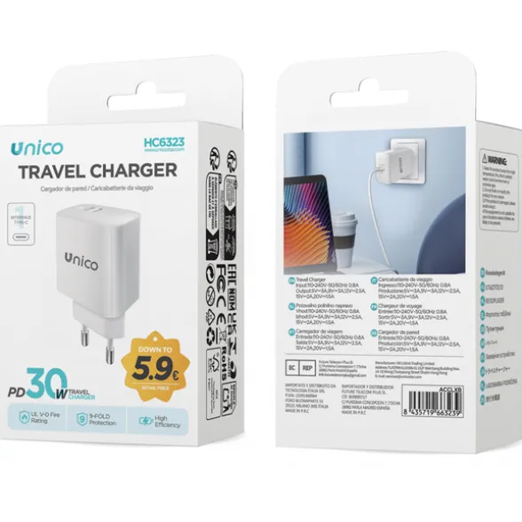 UNICO CARICATORE DA VIAGGIO USB-C SINGOLO PD30W BIANCO