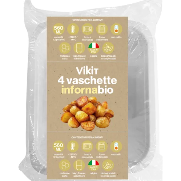 VIKIT 4 VASCHETTE INFORNABIO 1-2 PORZIONI, FORNO MICROONDE, FORNO TRADIZIONALE, FRIGO, FREEZER, ABBATTITORE +220°C -40°C BIODEGRADABILI e COMPOSTABILI 560 ML