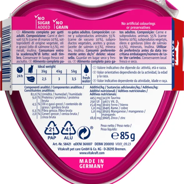 VITAKRAFT CAT POESIE DELICE PLUS MANZO CON OLIO DI SALMONE VASCHETTA 85 grammi