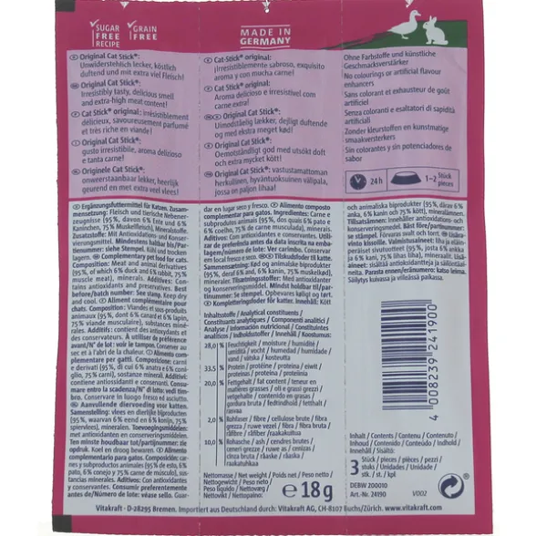 VITAKRAFT CAT STICK MINI ANATRA E CONIGLIO PER GATTO BUSTA 3 PZ DA 18 GRAMMI