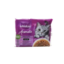 WHISKAS AROMATIC SELECTION FRAGRANTI FUSIONI IN SALSA 1+ BUSTE 4x85 GRAMMI, 2 BUSTE CON MAIALE GLASSATO E CAROTE, 2 BUSTE CON BOCCONCINI DI PESCE DELL'OCEANO IN BRODO