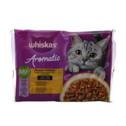 WHISKAS AROMATIC SELECTION POLLAME DELICATO IN SALSA 1+ BUSTE 4x85 GRAMMI, 2 BUSTE CON POLLO SUCCULENTO, 2 BUSTE CON ANATRA E VERDURE