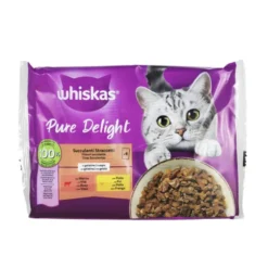 WHISKAS PURE DELIGHT SUCCULENTI STRACCETTI BUSTA 4x85gr MANZO, POLLO IN GELATINA