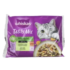 WHISKAS TASTY MIX 1+ SCELTA DELLO CHEF BUSTA 4x85gr MANZO/POLLAME/VERDURE, SALMONE/CAROTE IN SALSA